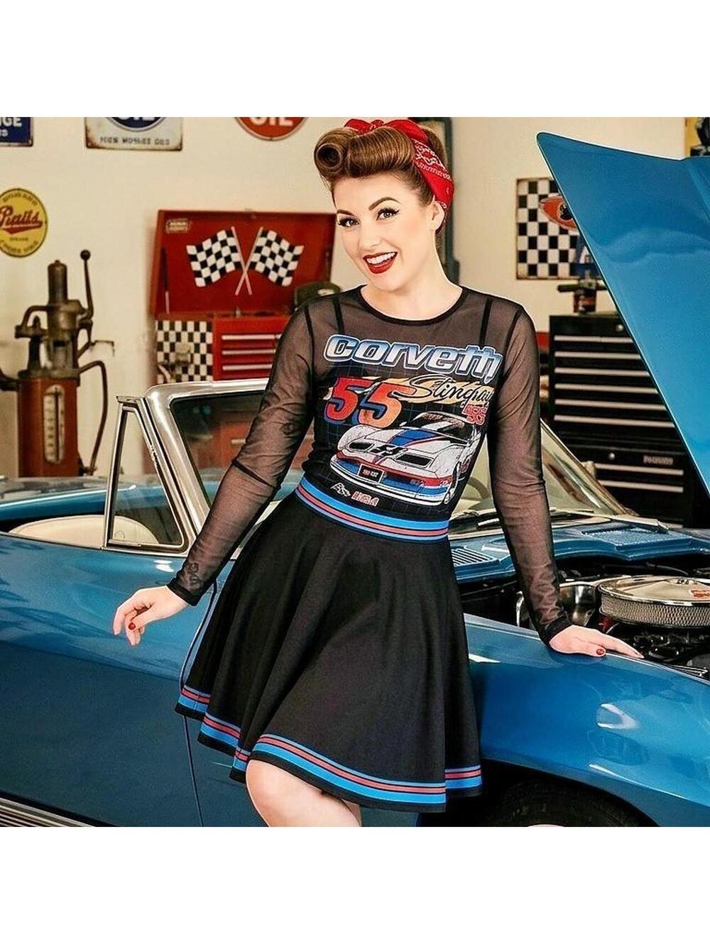 CORVETTE VINTAGE PIN UP ROCKABILLY mesh long sleeve top, retro style.